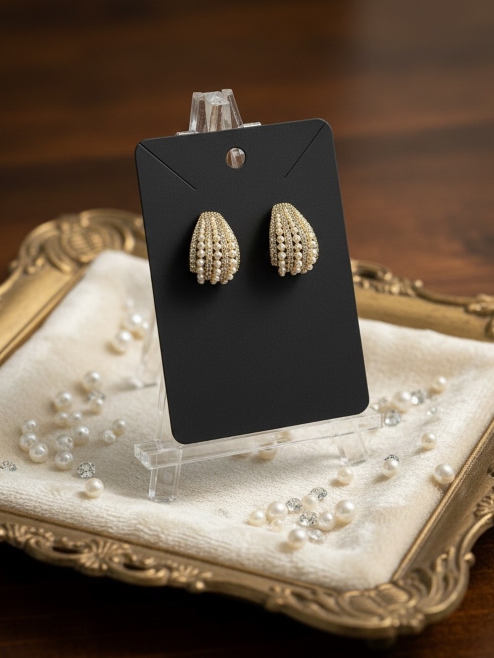 Gold Pearl and Rhinestones Teardrop Earrings